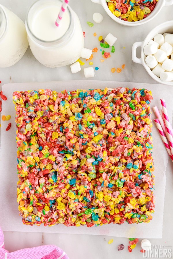 Fruity Pebbles out of a baking dish.