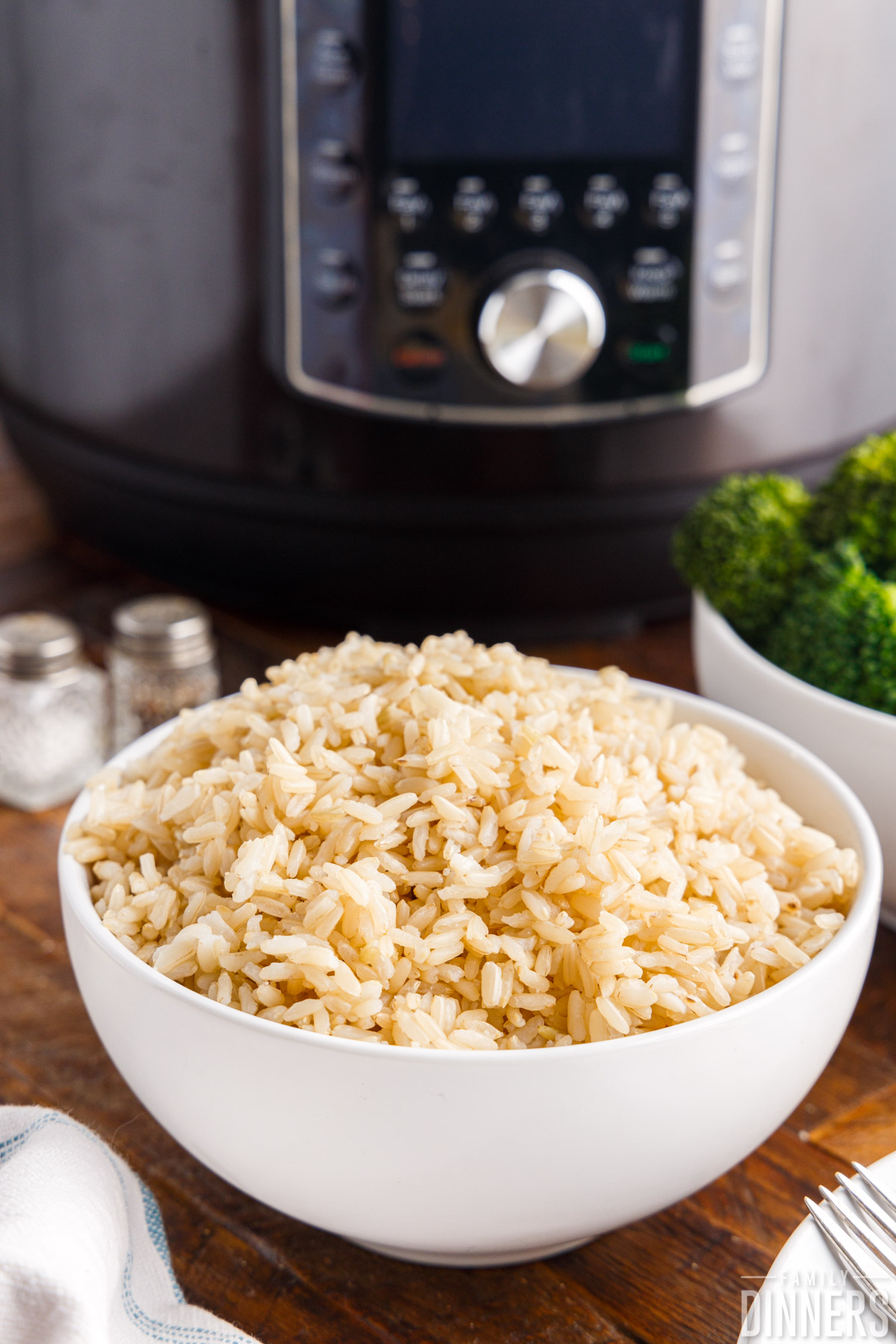 bowl of brown rice in front of an Instant Pot