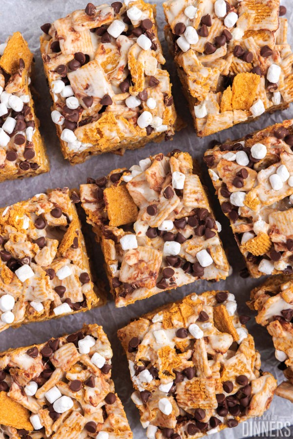 s'mores treat bars cut into squares.