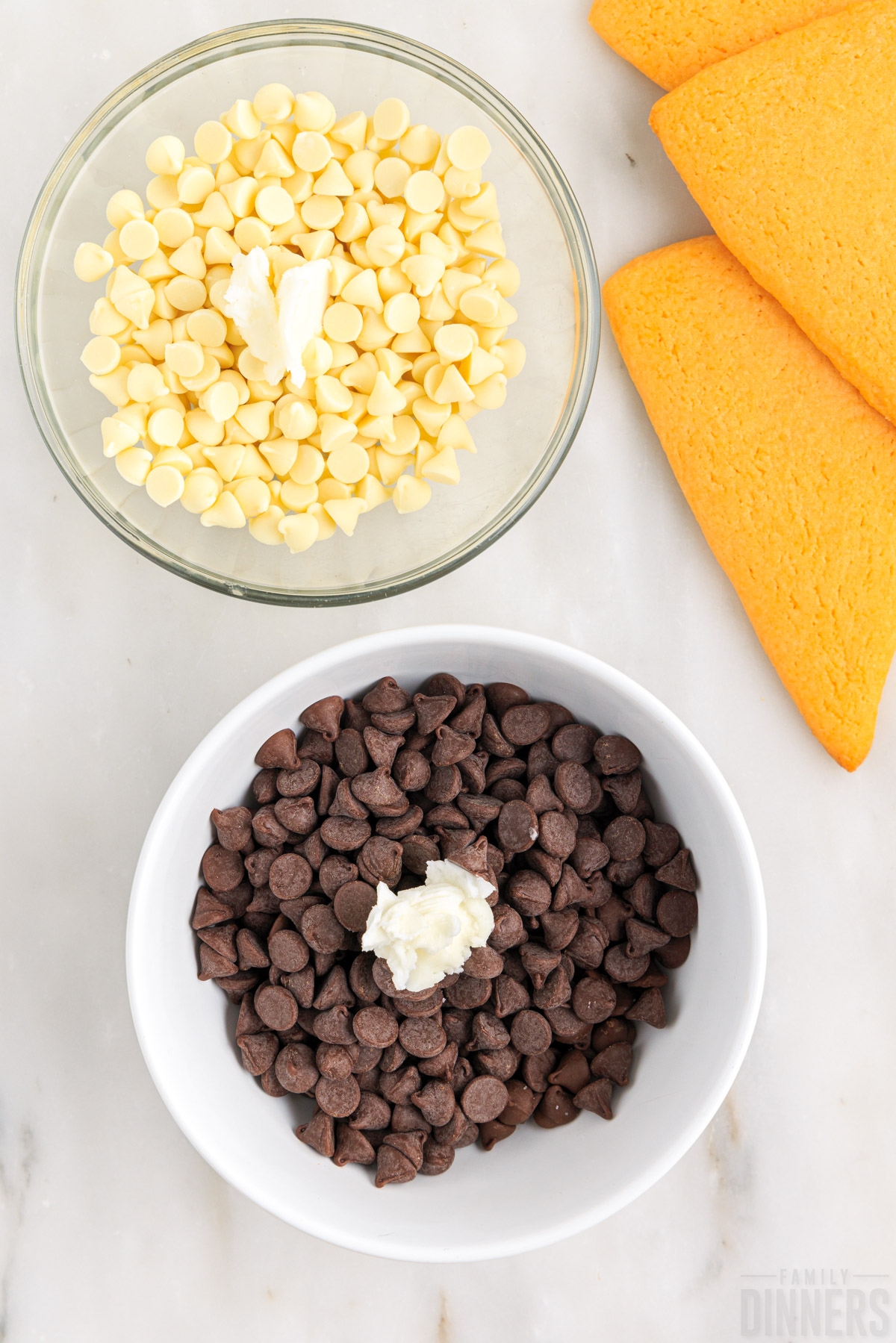 chocolate chips in bowls with shortening