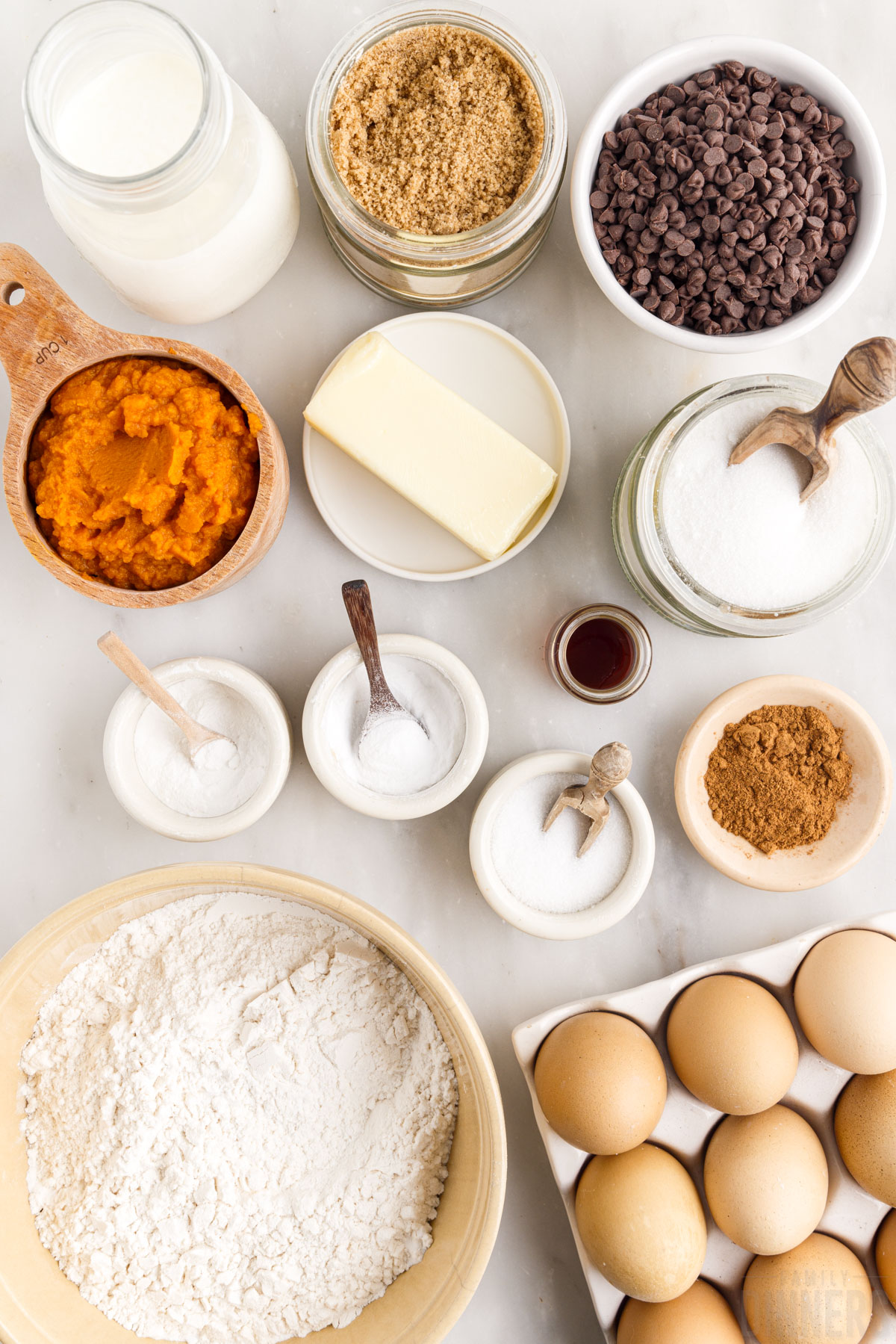 ingredients for pumpkin bread with chocolate chips