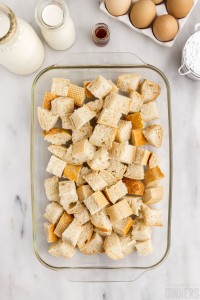 bread cubes in a baking dish