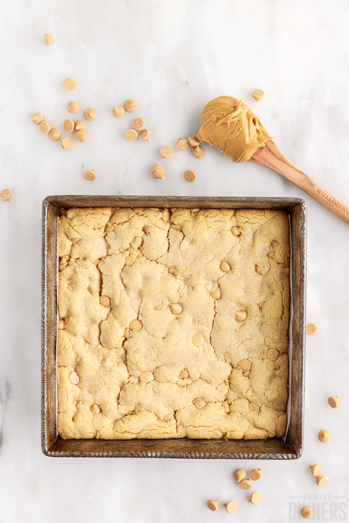baked peanut bars in a baking pan