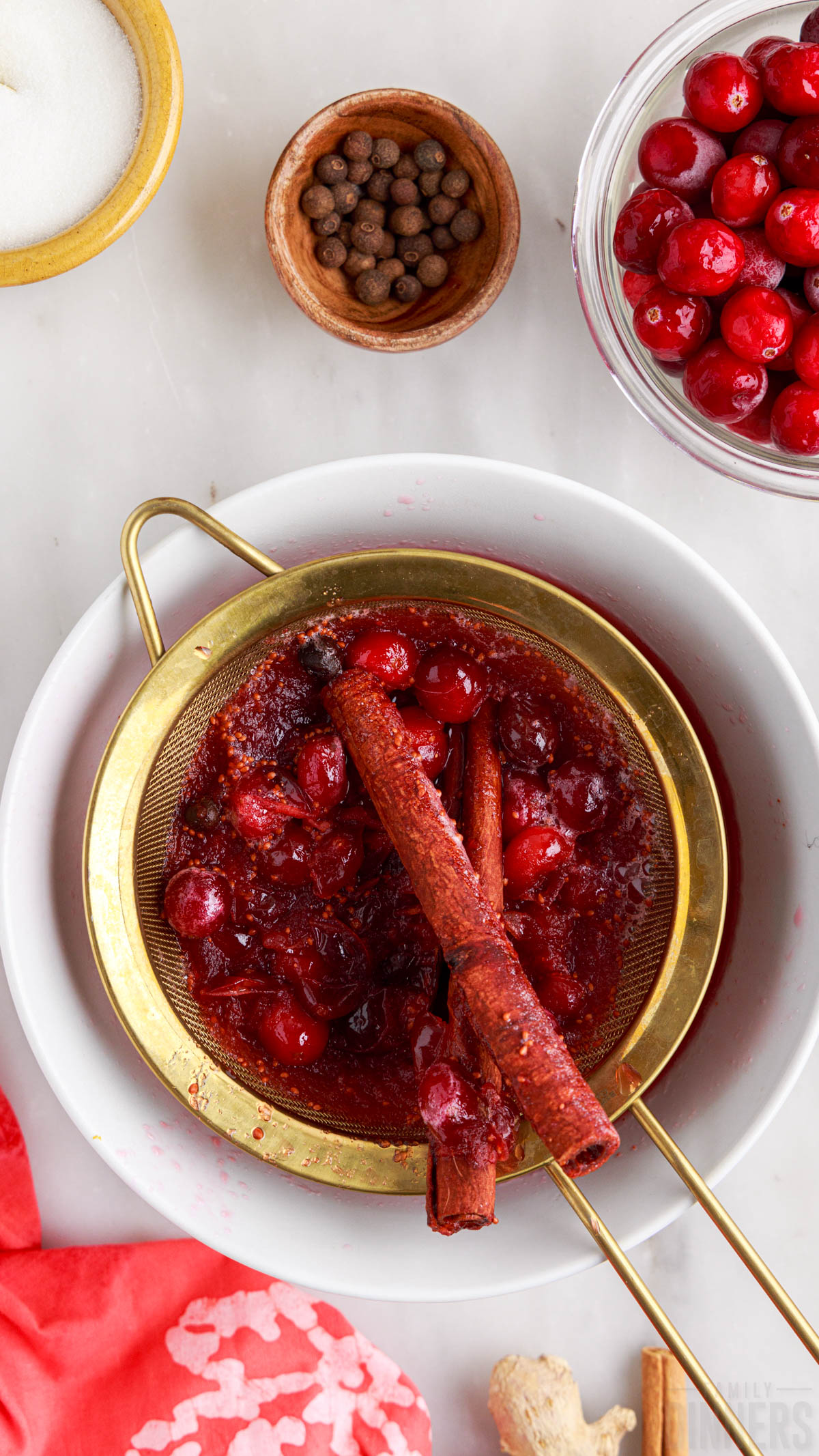 fine-mesh strainer with cranberries and cinnamon sticks