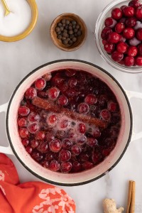 simple syrup with cranberries boiling in a pot