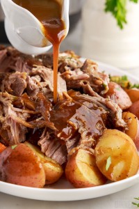 shredded roast pork on a plate with sauce drizzled over it