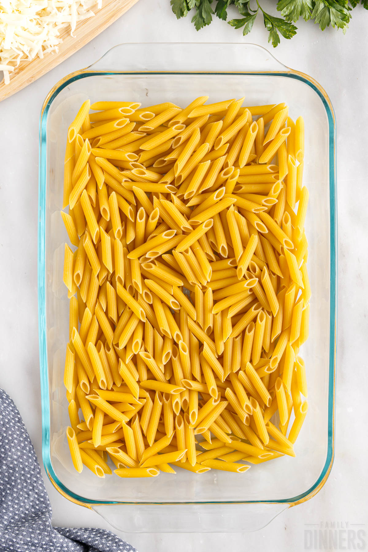 uncooked pasta in a baking dish