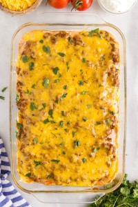 baked taco casserole in a baking dish