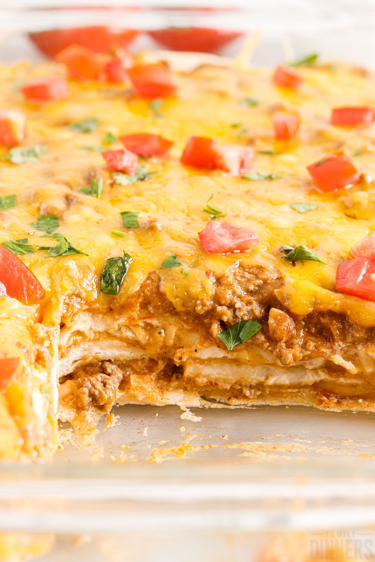 close up of Mexican taco casserole showing all the different layers