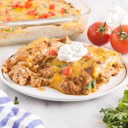 Mexican casserole recipe with ground beef on a plate.