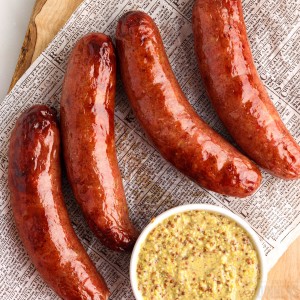 cooked sausages with mustard