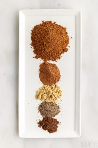 cinnamon, nutmeg, allspice, ginger and cardamom on a plate