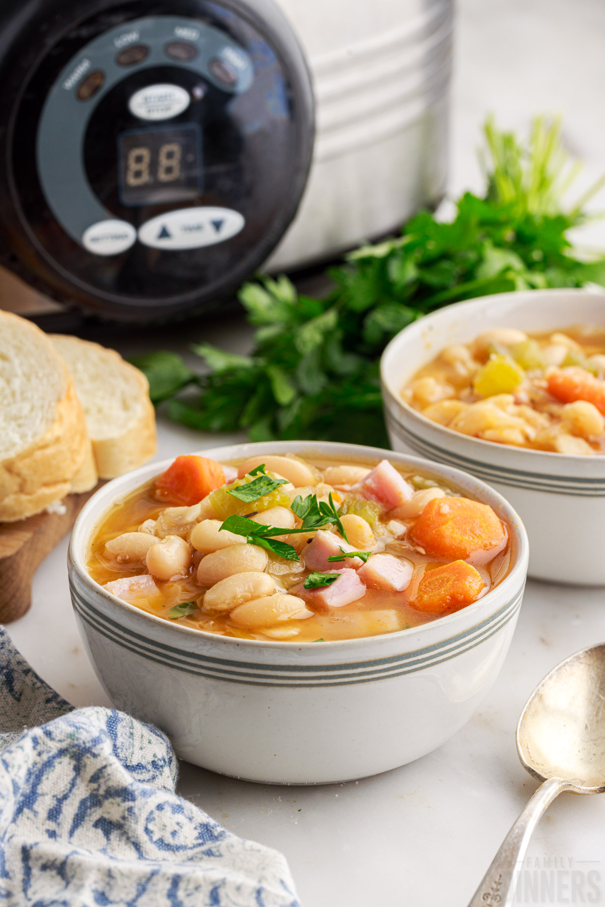 Bowl of ham and beans soup in front of a crockpot.