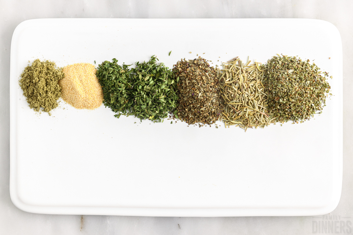 Italian seasoning ingredients like majoram, rosemary, basil, thyme, parsley, garlic powder, and sage