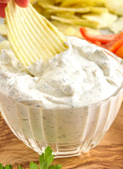 close up of chip in ranch dip