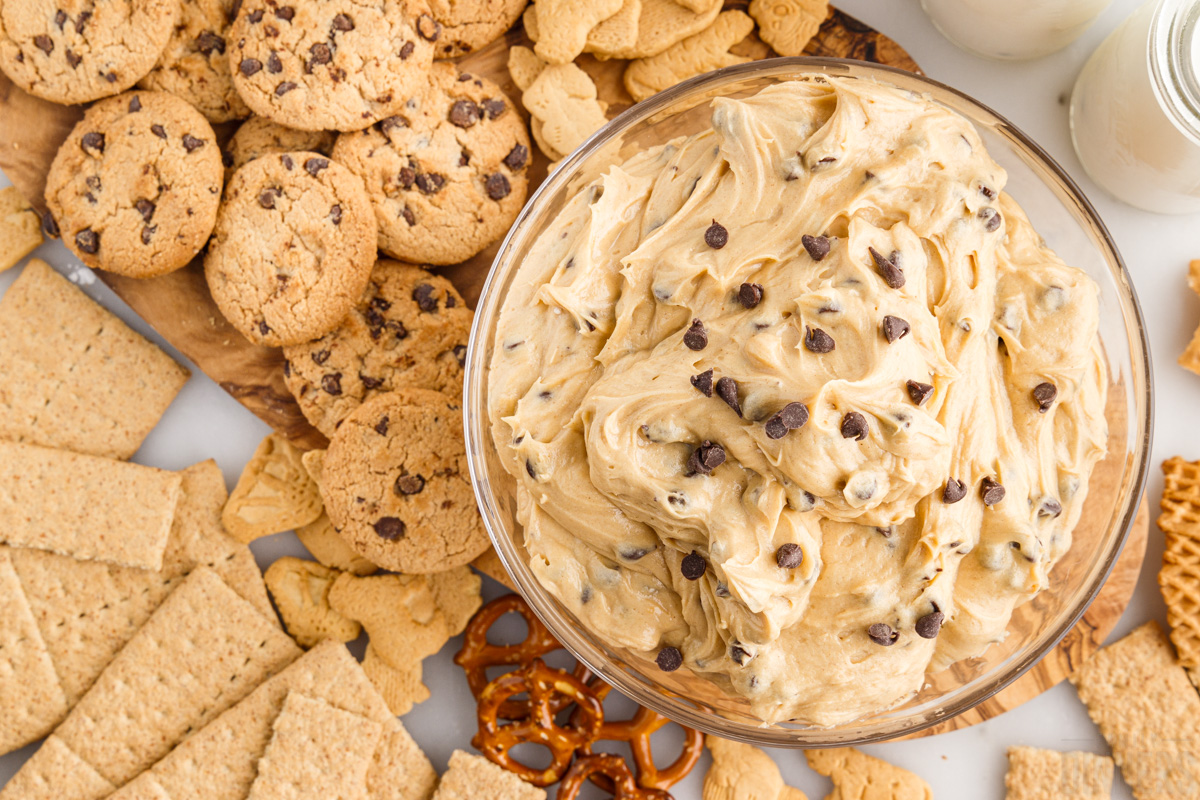 bowl of peanut butter dip with chocolate chips with chocolate chip cookies and graham crackers