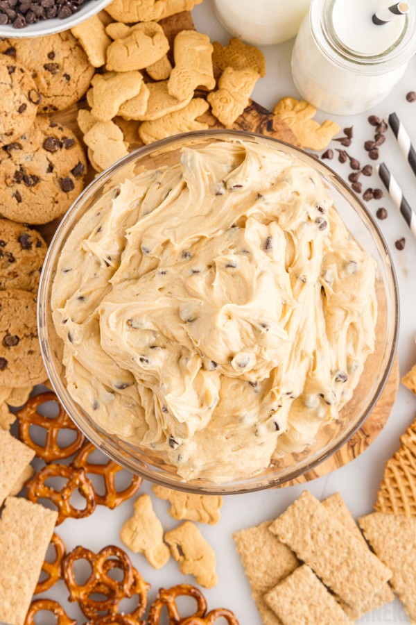 bird's eye view of a bowl of buckeye dip with dippers around it