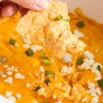 hand dipping chip into buffalo chicken dip