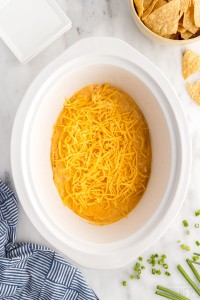 crockpot chicken dip topped with cheese