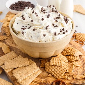 bowl of cannoli dip topped with chocolate chips and surrounded by crackers