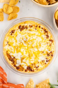 baked chili cheese dip in a pie plate