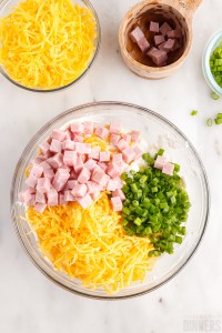 adding ham, green onions, and cheddar cheese to cream cheese mixture