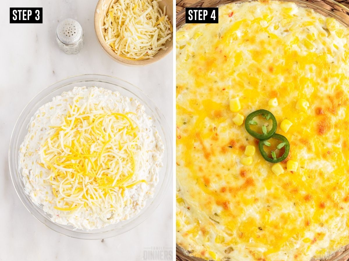 Step 3: place cheese on top of dip in pie pan. Step 4: Baked cracked corn dip with melted cheese on top.