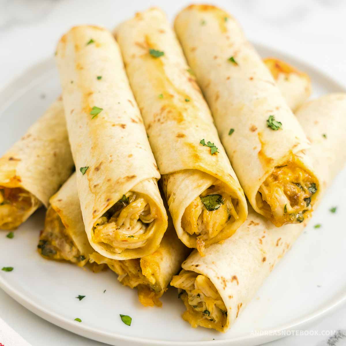 stack of homemade chicken taquitos on a plate