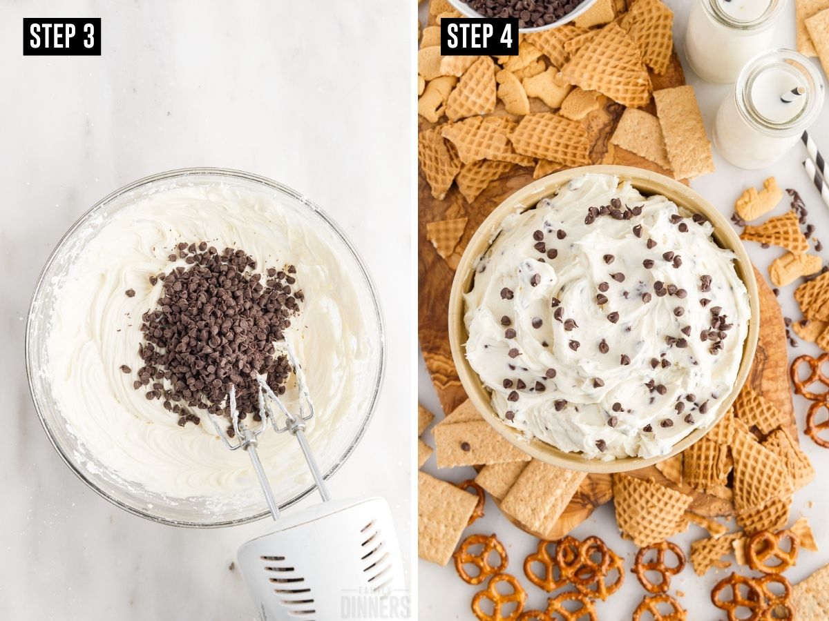Image 1: chocolate chips being blended into dip. Image 2: Finished dip in a bowl with cookies and chips around the bowl for dipping.