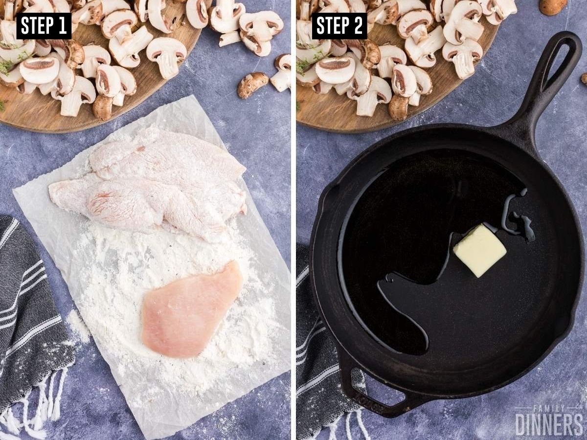 Image 1: Chicken on small flour pile on parchment paper. Image 2: Butter melting in skillet.