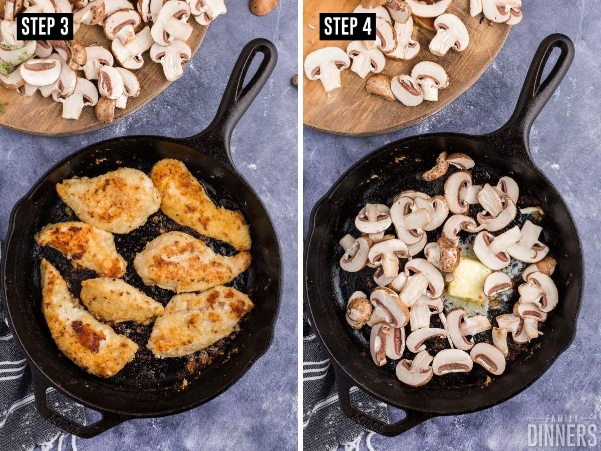 Image 1: breaded chicken cooking in skillet. Image 2: Butter and fresh mushrooms in skillet.
