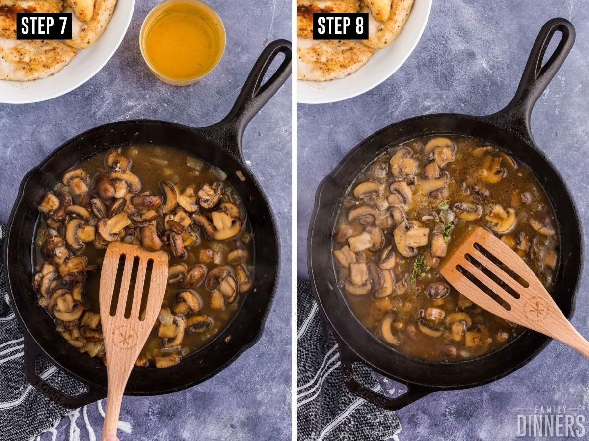 Image 1: mushroom sauce in skillet. Image 2: mushroom sauce in skillet with herbs.