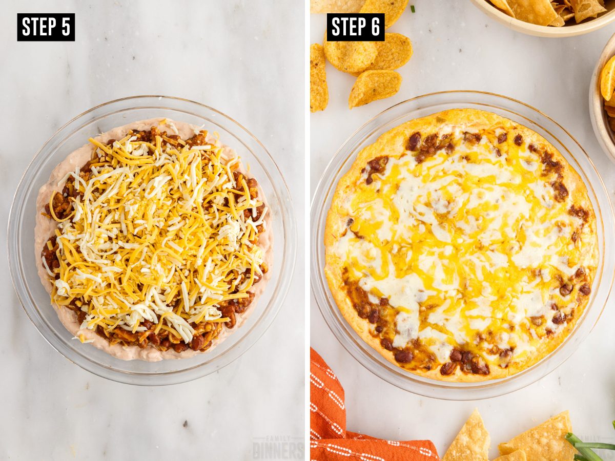 Step 5: Cheese spread on top of mixture. Step 6: Hot melted chili cheese dip.