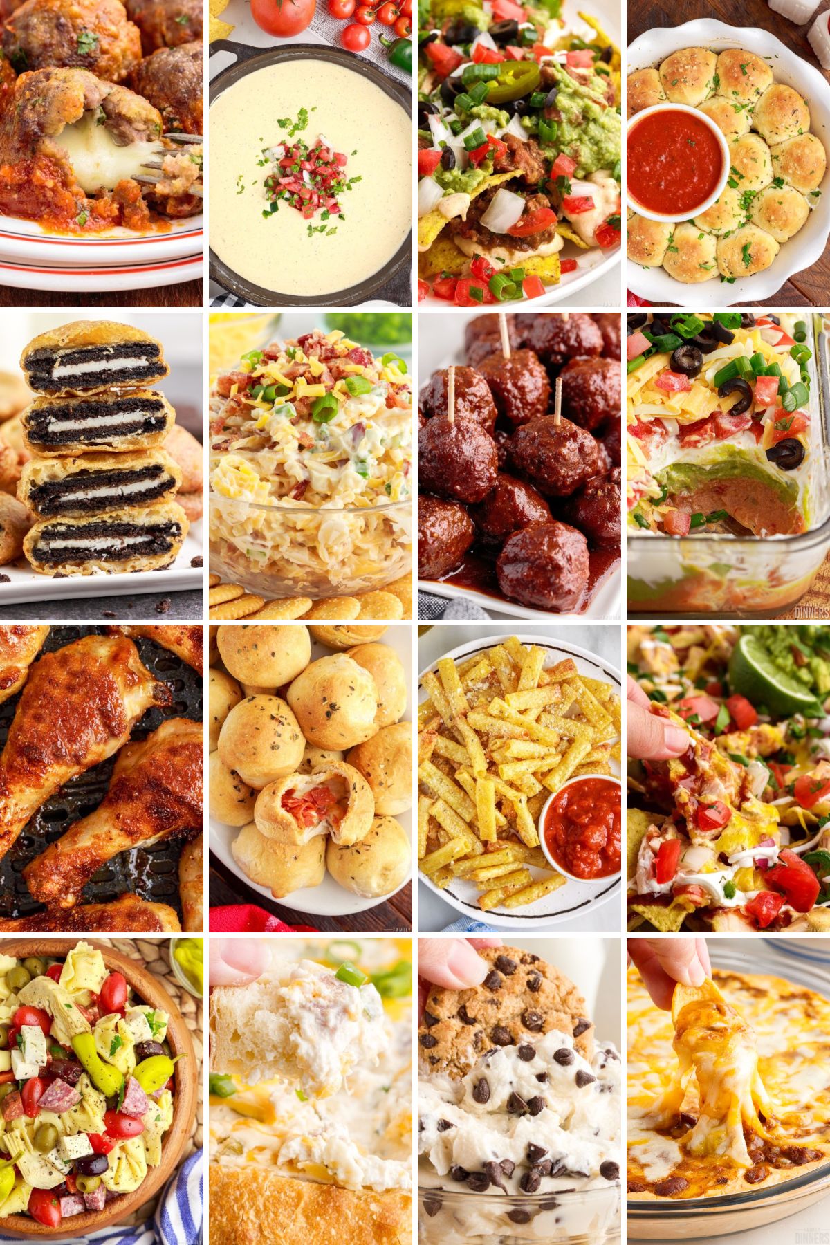 Collage of appetizers for a super bowl party.