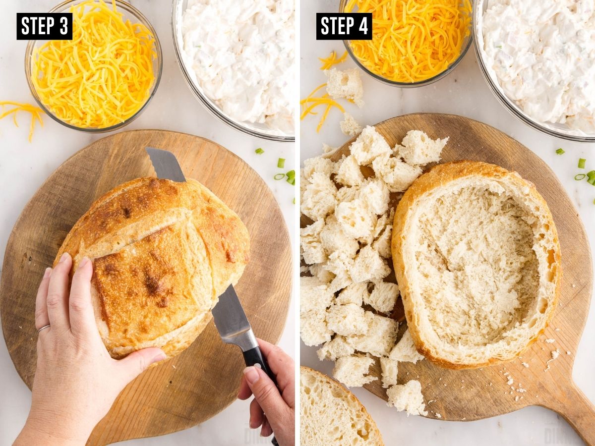 Step 3: Knife cutting top off bread. Step 4: Bread scooped out and cut into pieces for dipping.