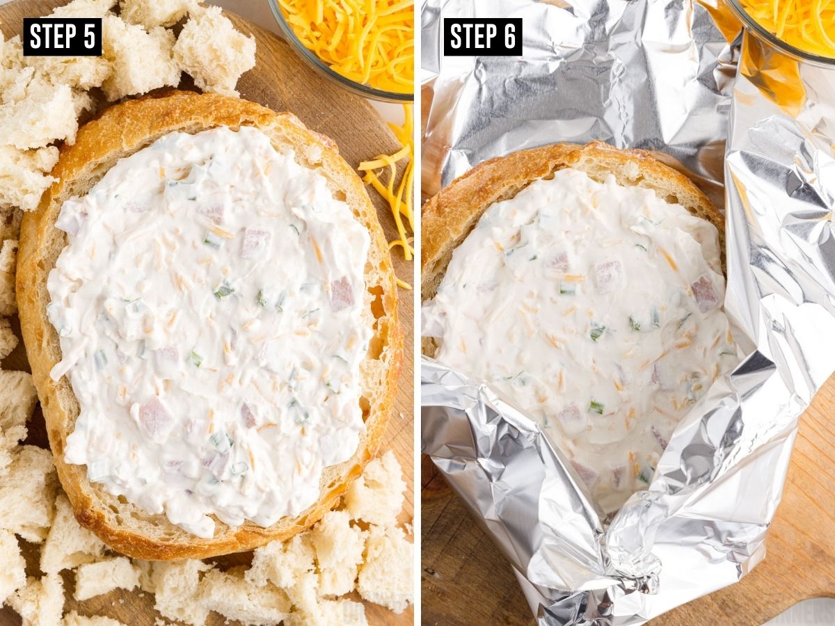 Step 5: Dip poured into bread bowl. Step 6: Foil covering dip.