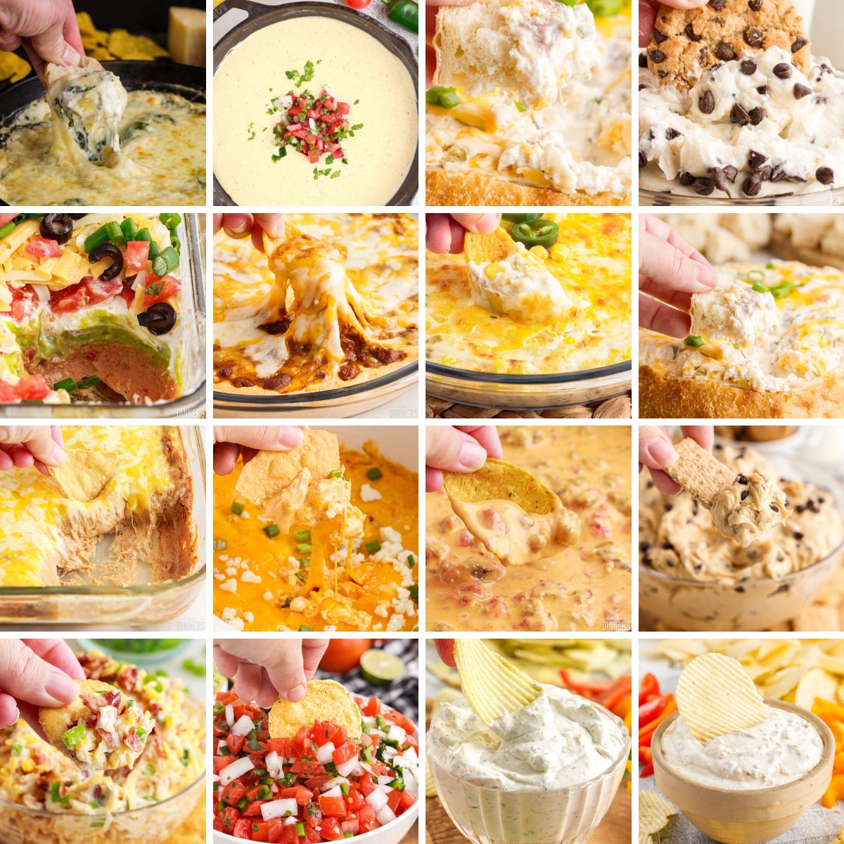 Collage of 16 super bowl dip recipes.